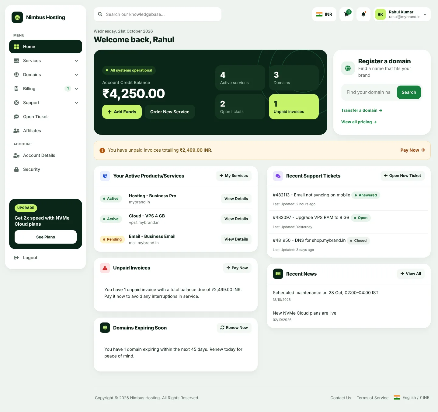 aurora - WHMCS Client Area Theme/Template — screenshot 1